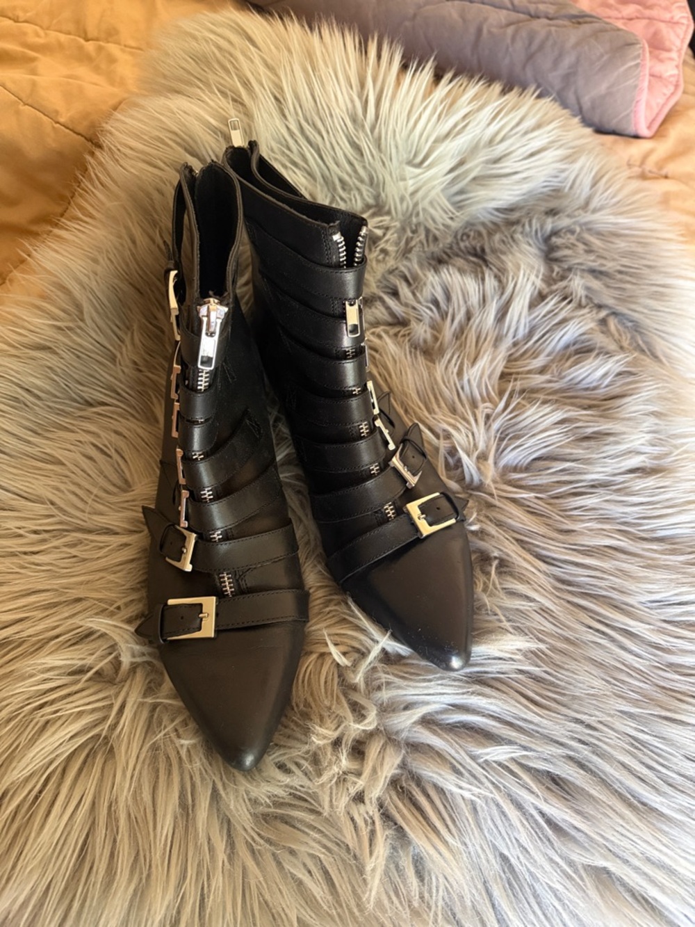 Black Strappy Pointed Ankle Booties with Buckle Accents